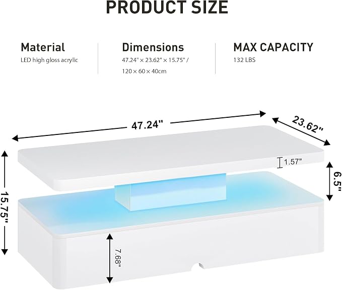 47" Modern LED Coffee Table, 2 Tier Rectangular Center Table with 16 Colors Lights & Large Storage Space, High Glossy Wooden Tea Table for Living Room, Bedroom, Home Office, White