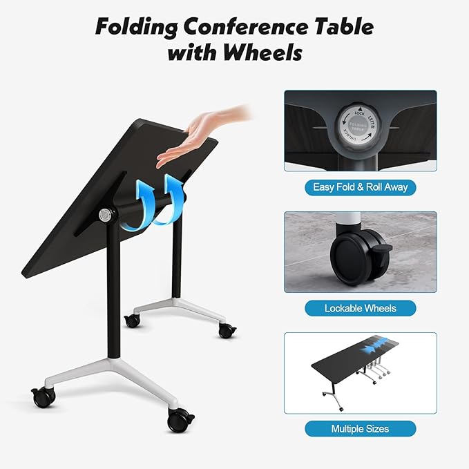 Goakwwuz Conference Room Table, Folding Conference Tables,Thicken Grey Tabletop,Flip Top Wooden Seminar Meeting Room Table for Conference Room Offices (10, Black, 61.0“)