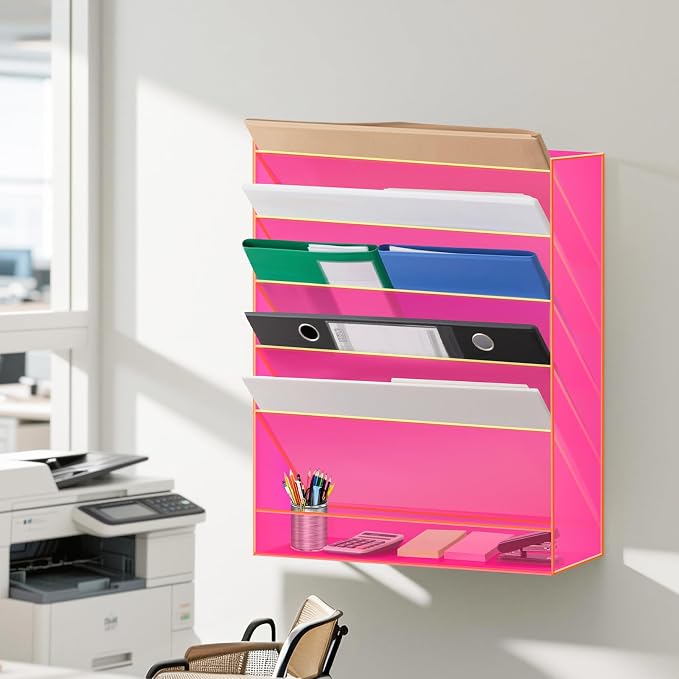 Gelite Hanging File Organizer Acrylic Wall File Holder for Office Vertical Paper Organizer Wall Mounted Magazine Rack, 5 Pockets, Neon Pink