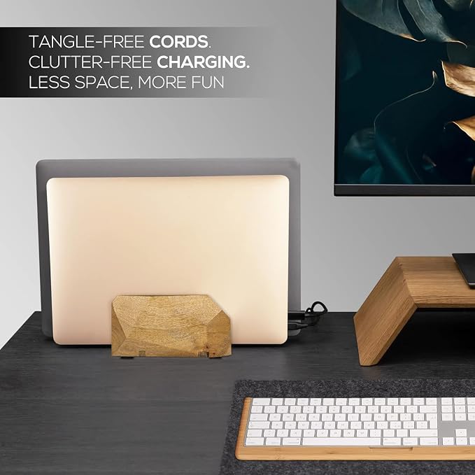 Width Adjustable Vertical Laptop Stand for Desk, Laptop Holder to Dock MacBook, MacBook Pro and Other Laptops, Versatile Vertical Laptop Docking Solutions - Mango Wood