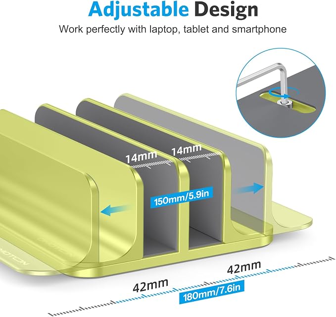 OMOTON Dual Vertical Desk Laptop Stand Holder, Fits MacBook Air/Pro, Citron | Aluminum Laptop Storage Rack for Desk, Adjustable Dock for Up to 17.3 in. Gaming Laptop, Space-Saving Desk Organizer
