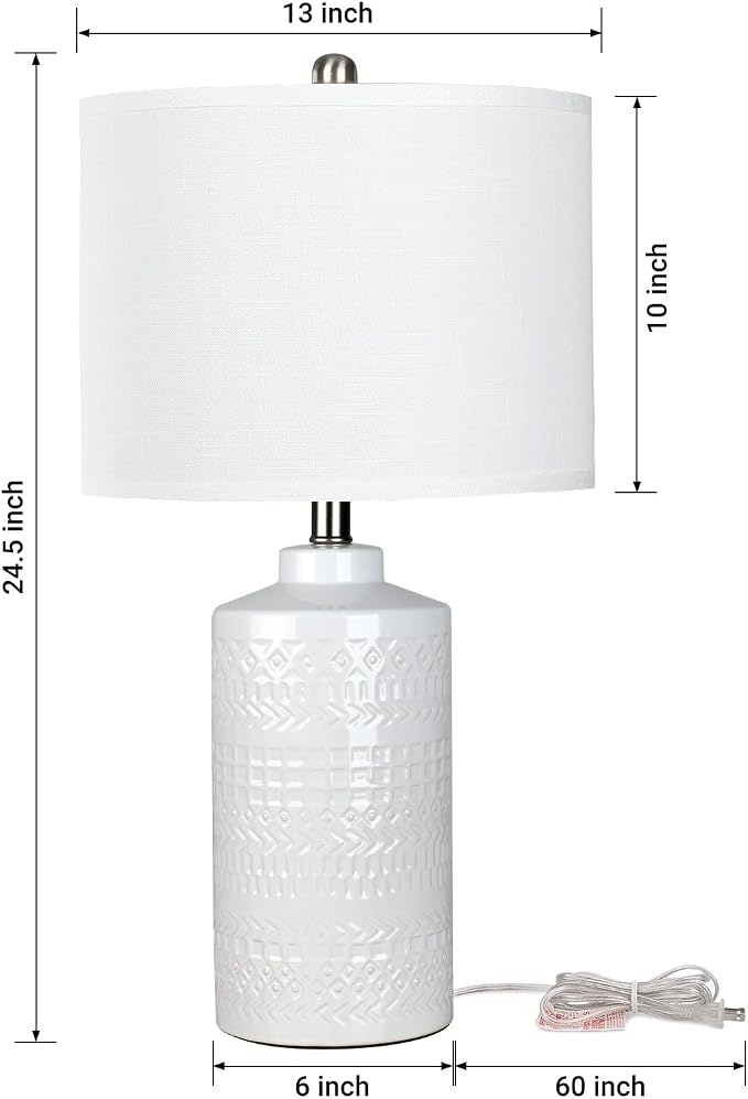 JUNNAI 24.5" White Ceramic Table Lamp 3-Way Dimmable Nightstand with White Linen Shade Bedside Lamp for Bedrooms & Living Room Office Reading(Bulb Included)