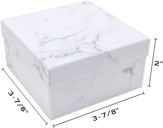 TheDisplayGuys 25 Cardboard Jewelry Gift Boxes with Inserts - Marble White | Size #34 - 3.9" x 3.9" x 2.0", Lids, Cotton Filled Padding, Kraft Paper, Bulk Pack Case, for Shipping, Organizers, Storage