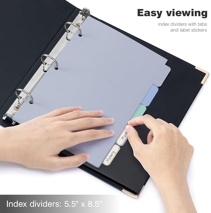 Ospelelf Mini 3 Ring Binder 1 Inch, Cute Binder for 5.5" x 8.5" with 5 Tab Dividers, File Folder Labels and Low Profile Clipboards, Black Binder for School Supplies and Office Supplies