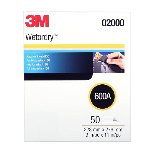 3M Wetordry Abrasive Sheet, 413Q, 02000, 600+ Grade, 9 in x 11 in | 50 Sandpaper Sheets, for Auto Sanding, Metal Sanding, Finishing, Paint Prep