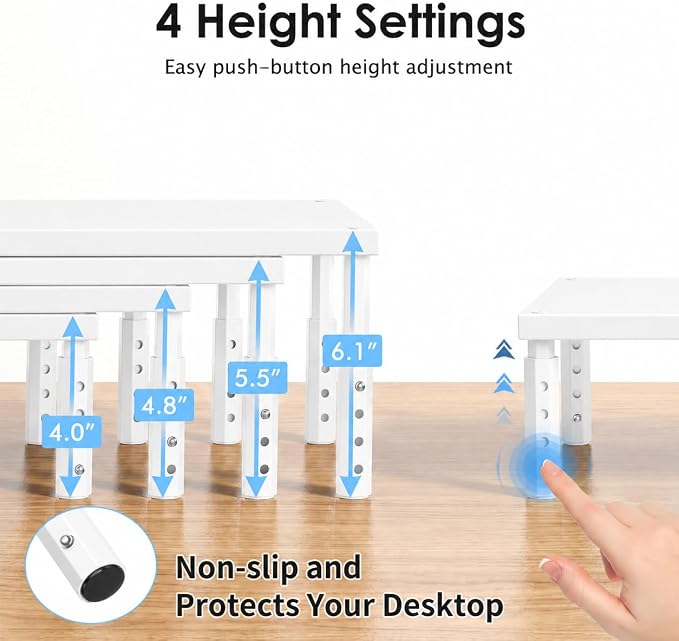 Adjustable Monitor Stand Riser for Desk, Wood Computer & Laptop Stand, Desk Organizers and Accessories, Office Desk Accessories & Workspace Organizer for Home Office Supplies, White