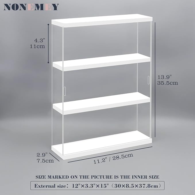 NONEMEY Clear Acrylic Display Case Stand 3 Tier Storage Box Wall Mount Showcase Dustproof Organizer Box for Collectibles (White 3Tier 12×3.3×15inch)