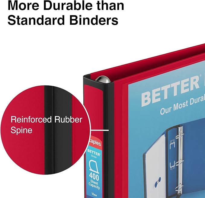 Staples Better Binder, 1.5-Inch D-Ring View, Red, Holds 350 Sheets | Reinforced spine for durable everyday use in office and school settings.