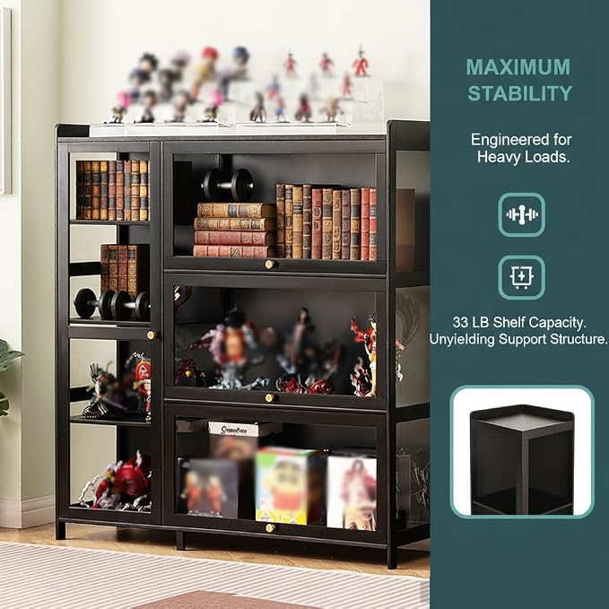 Display Cabinet with Acrylic Doors, 7 Storage Spaces Storage Cabinet & Curio Cabinet with Clear Acrylic Doors, Modern Black Bamboo & Composite Wood for Collectibles, Kitchen, Living Room