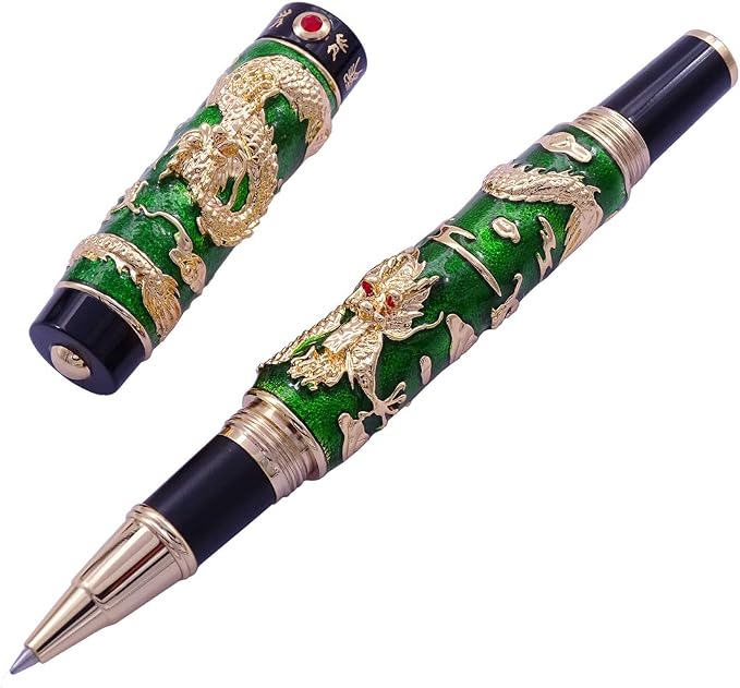 Jinhao Double Dragon Rollerball Pen Green Cloisonne Enamel Handcraft for Signature and Collection
