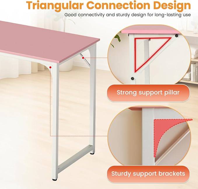 PayLessHere | 47 Inch Computer Desk | Pink | Office Desk with Metal Frame, Adjustable Feet | Water-Resistant, Scratchproof Surface | Sturdy Writing Table for Home Office or Study | Pack of 1