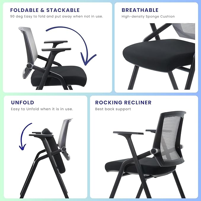 BLANEDUO, 2 Pack Stackable Conference Room Chairs with Paddle Folding Office Foldable Desk Chair Mesh Back and Arms for Conference Meeting Guest Reception Home Office Training Room Chair Black