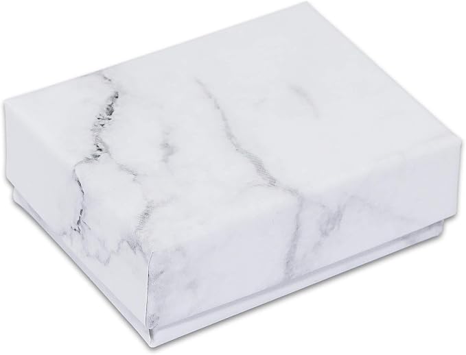 TheDisplayGuys 25 Cardboard Jewelry Gift Boxes with Inserts - Marble White | Size #11 - 2.1" x 1.8" x 0.8", Lids, Cotton Filled Padding, Kraft Paper, Bulk Pack Case, for Shipping, Organizers, Storage