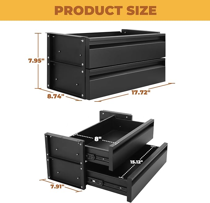 POPMOON 15 inch 2-tier Under Desk Drawer Slide Out Adjustable Organizer | Under Desk Drawer Slide Out Adjustable Height, Smooth Slide Rails, Carbon Steel Under Table Drawer, Tier Hold 22 Lbs