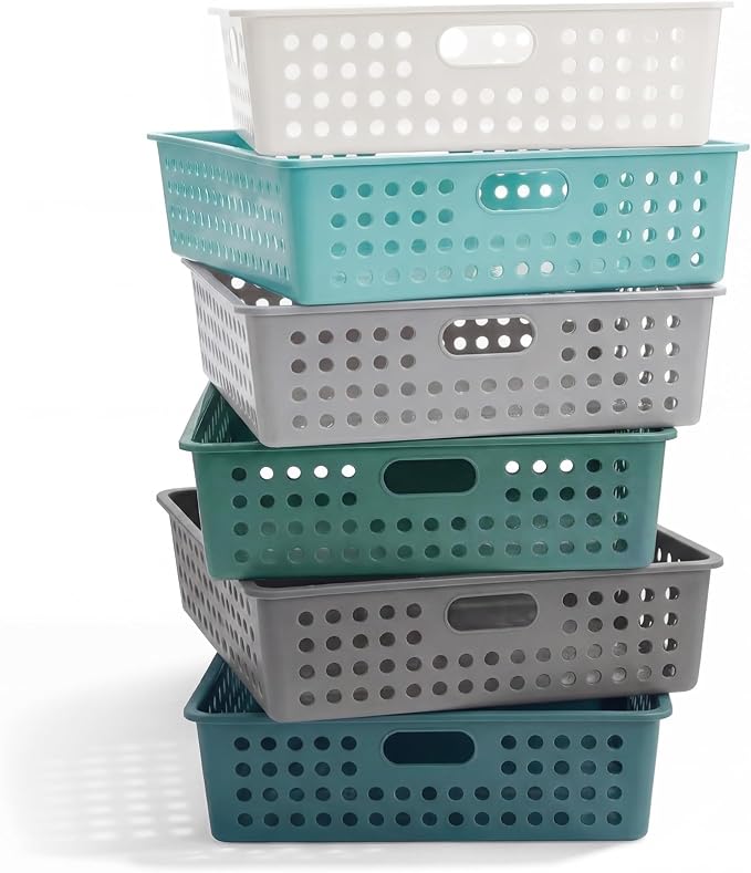 Geetery 12 Pack Classroom Storage Baskets with Handle,Morandi Color | 14''x10'' Paper Tray Holds A4 Turn in Trays Plastic Paper Baskets Desk Organizer Bin for Classroom, Library, Office, Home