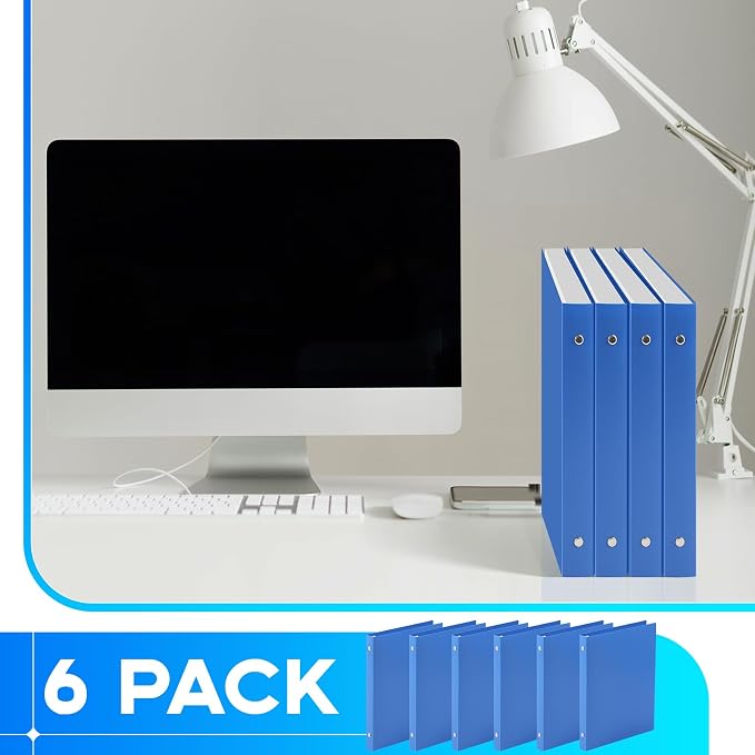 Henoyso 0.5 Inch 6 Pack Mini 3 Ring Binders for 5.5"x8.5" Paper,Blue | Holds 100 Sheets, Plastic Small Binders, Round Three Rings, Flexible PP Covers, School Office, Photo Album Planner Journal