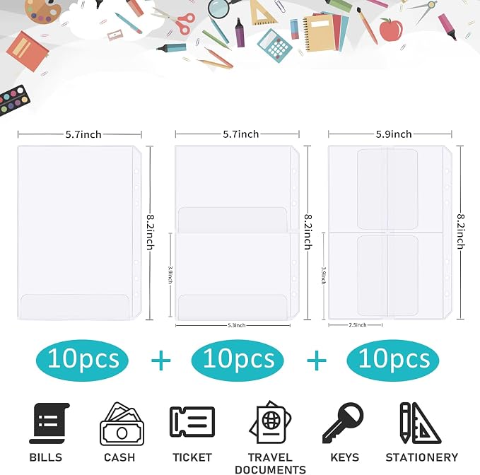 30pcs A5 Binder Pocket Set no Zipper Clear Budget Planner Inserts Bulk Budget Binder Organizer Cash Envelopes for Budgeting Waterproof PVC Loose Leaf Bags Card Sleeves for 6 Ring Notebook