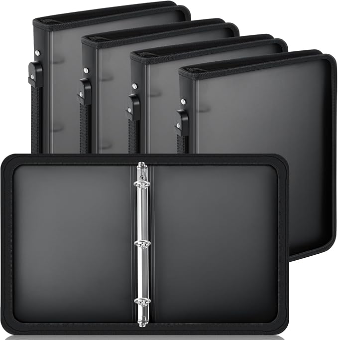 Teling 4 Pcs 2 Inch Zipper Binder 3 Ring Organizer, Black | Secure Zipper Closure, Refillable 3 Ring Design, Handle Carry, Fits Letter Size Papers for School, Office and Projects