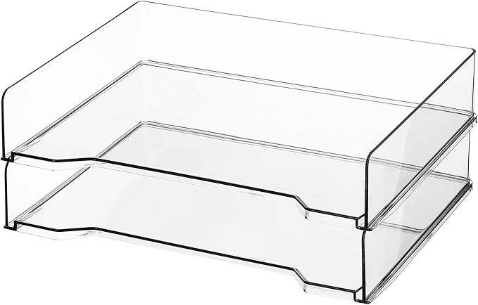 DoubleFill 2 Pcs Stackable Letter Tray Rectangular Plastic Desk Organizer 13 x 9.5 x 2.6 in Paper Holder File Tray Accessories Rack for Desktop Office Desk Drawers (Clear)