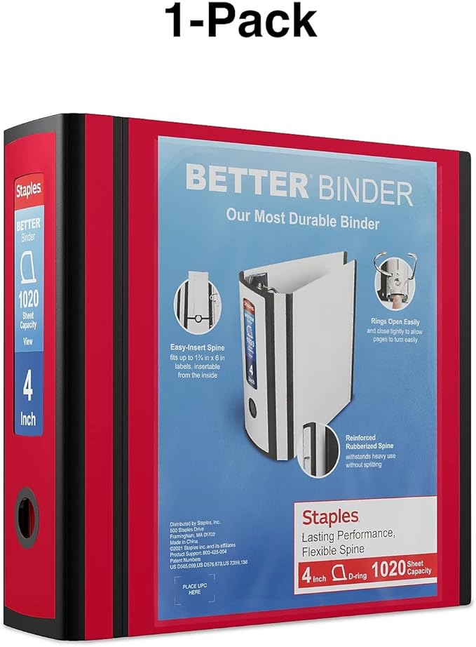 Staples Better Binder, 4 Inch D-Ring, Red, Reinforced Spine | High-capacity 3-ring view binder for school, office, and home document use.