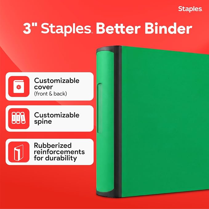 Staples Heavy-Duty 3-Inch D-Ring Binder, Green, Holds 600 Sheets | Large-capacity 3-ring binder with pockets for document storage.