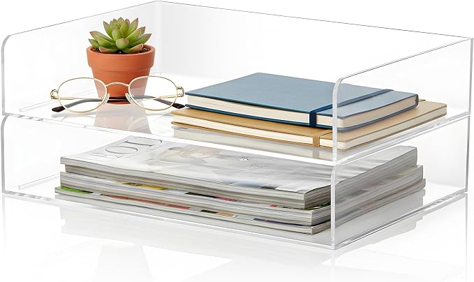 2 Pack Clear Acrylic Stackable Paper Letter Tray Organizer Desktop File Organizer for Office Workspace Document Storage, 12.4x8.7x2.75 Inch