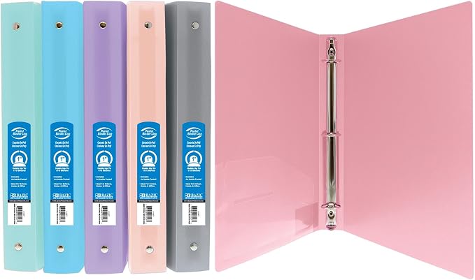BAZIC Products 1" Pastel Color Poly 3-Ring Binder, 1 Pocket, 6-Set | round rings, 1 in pastel color poly 3-ring binder, 1 inside pocket, holds up to 175 sheets, Durable poly