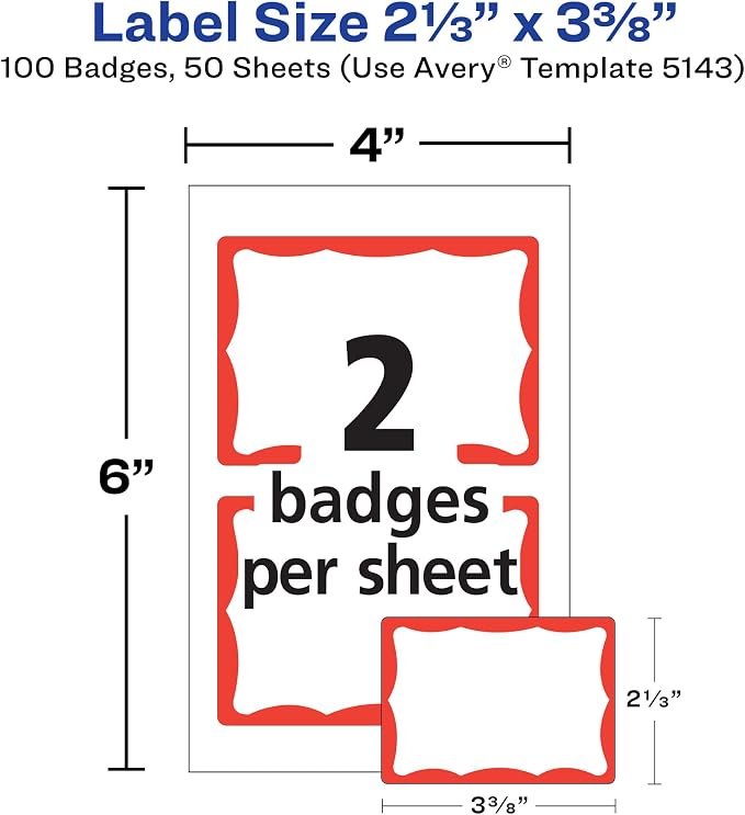 Avery Name Tags, White with Red Border, Packs of 100 per Pack, 18 Packs, 1,800 Removable Name Badges Total (05143)