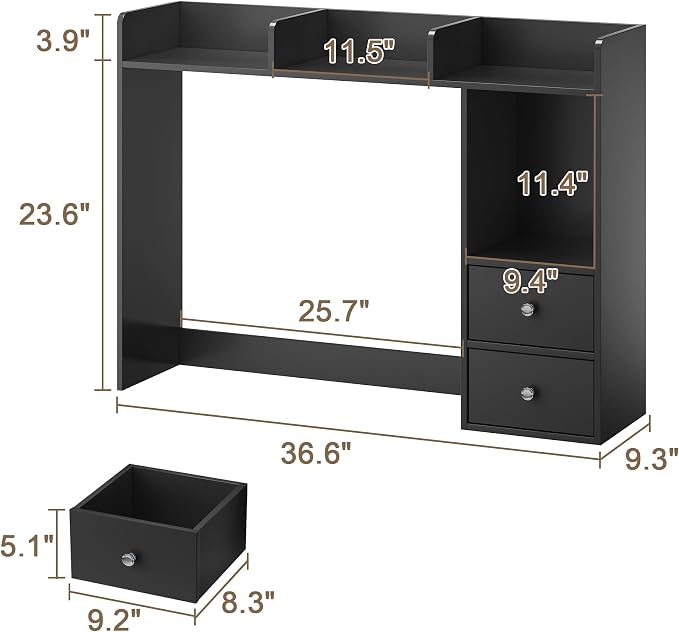 ChooChoo Desktop Bookshelf with LED Lights and 4 Shelves | 36.6", 2 Drawers, Fits 27" Monitor, Desk Organizer Shelf, Dorm Office Home, Black
