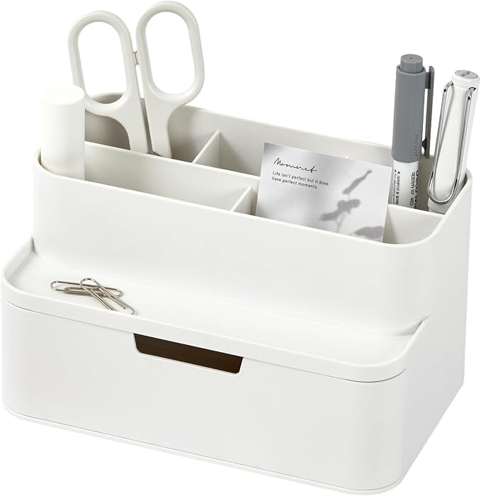 BLUE GINKGO Compact Desk Organizer, White, Made in Korea | 5 Compartments. Half Drawer. Space-Saving.