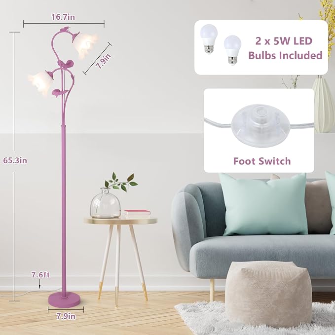 HMVPL Purple Floral Floor Lamp, Girls Flower Floor Lamp for Bedroom, Cute Lotus Standing Lamp with 2 LED 5W Blubs, Foot Switch, Unique Flower Tall Lamp for Living Room Kids Nursery Bedside Corner
