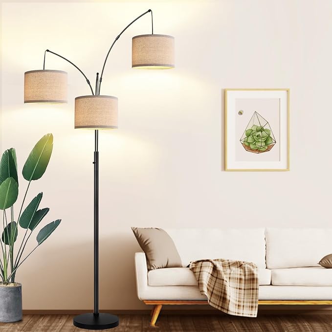 Dimmable 3 Lights Floor Lamp - 3000LM Super Bright Arc Floor Lamps for Living Room, Modern Tall Standing Lamp With Beige Shades, Mid Century Tree Floor Lamp for Bedroom Office, 3 LED Bulbs Included