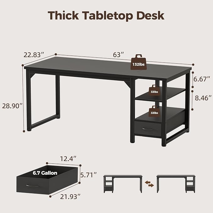 63 in Computer Desk with Drawer, 1" Thick Reversible Office Desk | Large Modern Writing Table with Storage Shelves, Heavy Duty Industrial Executive Desk for Home Bedroom Study Work