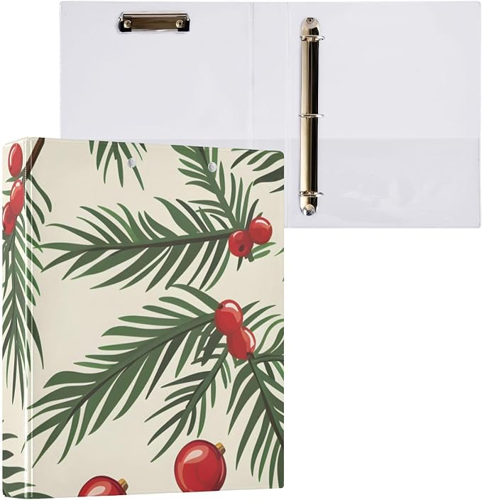 3 Ring Binder Christmas Tree Branches Balls 1.5 inch Binders with Clipboard Round Ring Binder Fit 8.5'' x 11'' Paper 3 Interior PVC Clear Pockets for Office Supplies