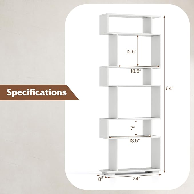 Tangkula 6-Tier S-Shaped Bookshelf, 64" Freestanding Geometric Bookcase, Home Office Wood Storage Shelf with Anti-Toppling Device, Room Divider Display Rack for Study, Living Room (1, White)