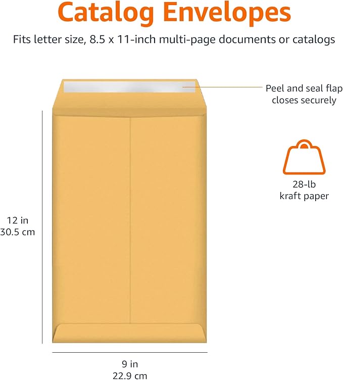 Amazon Basics Catalog Mailing Envelopes, Peel and Seal, 9" x 12", Brown Kraft, 100-Pack