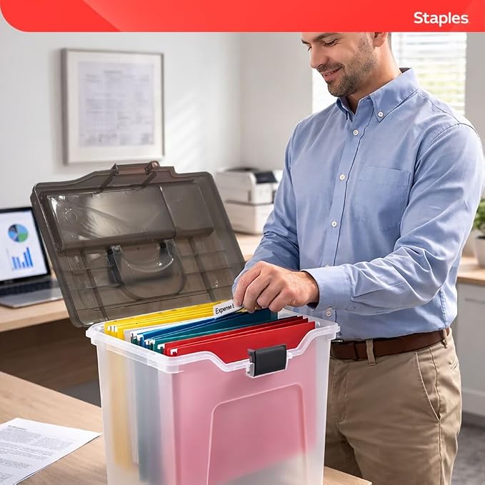 Staples File Box Portable Tote, Letter Size, Clear, 2/Pack | Lightweight storage tote for transporting and organizing hanging files.