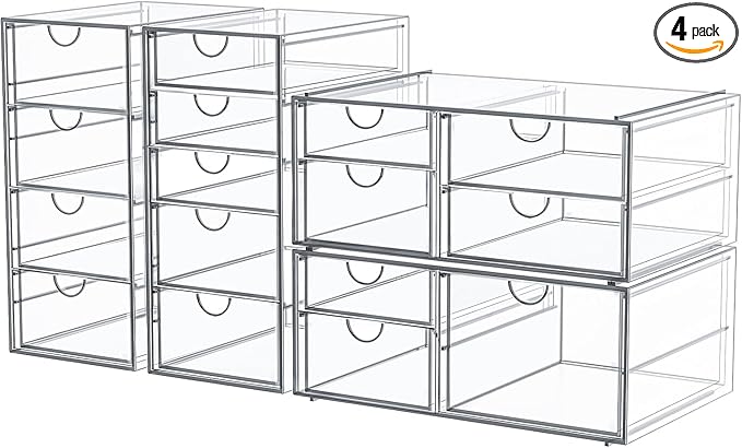 4-Pack Acrylic 16-Drawer Storage & Makeup Organizer for Desk | Smooth-glide drawers, clear acrylic, stackable, dustproof, wipe clean, for office supplies, pens, jewelry, makeup