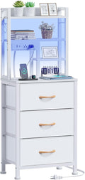 Tall Nightstand, White Night Stand & Bedside Table for Bedroom | LED Lights & USB Ports & type-C, 3 PVC Fabric Drawers and 4-Tier Storage Shelf, Bedside Table for Bedroom, Dorm
