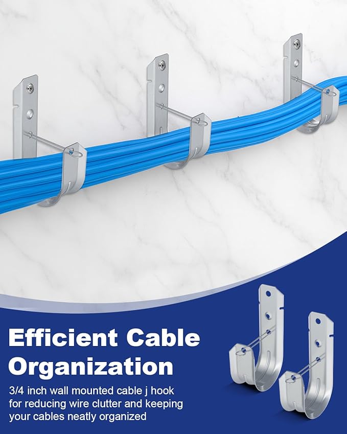 AOKLIT 2" Galvanized Steel J-Hooks, Heavy Duty Wall Mount Cable Support J Hook with Retainer Clip for Cable Management (50 PCS)