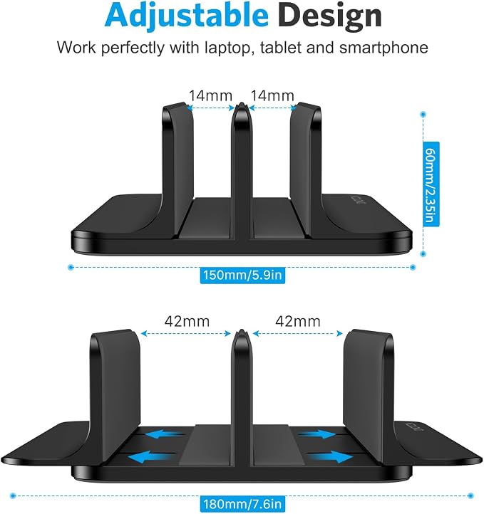 OMOTON Dual Vertical Desk Laptop Stand Holder, Fits MacBook Air/Pro, Black | Aluminum Laptop Storage Rack for Desk, Adjustable Dock for Up to 17.3 in. Gaming Laptop, Space-Saving Desk Organizer
