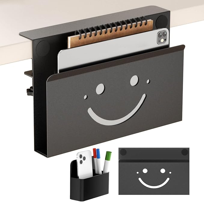 Onemake Desk Side Storage, Funny Smile No Drill Laptop Holder, Clamp on Desks Shelf with Magnetic Pen Holder, Hanging Desk Organizer for Home Office, Fits Flat Edge Tables 0.4" to 2.3"
