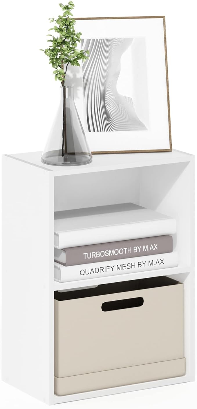 Furinno LUDER 2-Tier Book Shelf, Open Shelves Bookshelf, White | 9 x 16 x 21, Closed Back, Modern Bookcase, for Living Room, Bedroom, Home Office