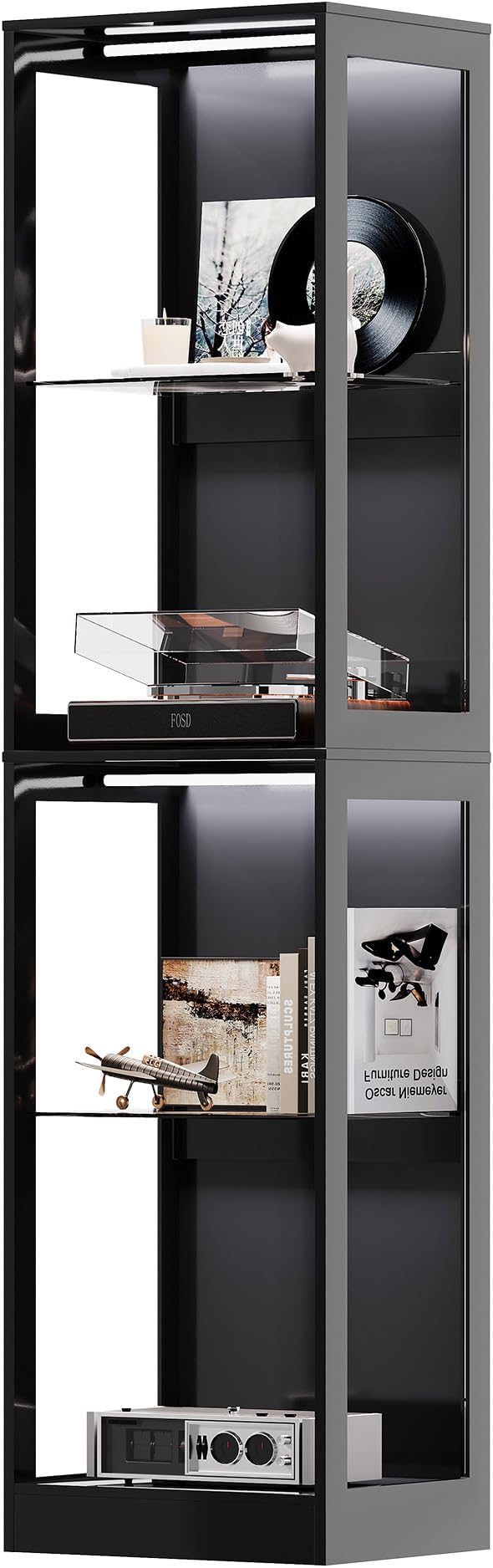 AMERLIFE 18-Inch RGB Open Display Cabine | 70 H x 18 W x 14 D In, 4-Tier Storage, Adjustable Shelves, RGB LED Lights, Open Design, Black