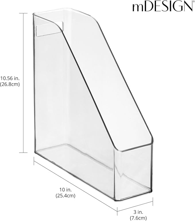mDesign Plastic Slim Vertical File Folder Storage Organizer Bin with Handle, Hold Notebooks, Binders, Envelopes, Magazines for Home Office, Work Desktops, Ligne Collection, 8 Pack, Clear