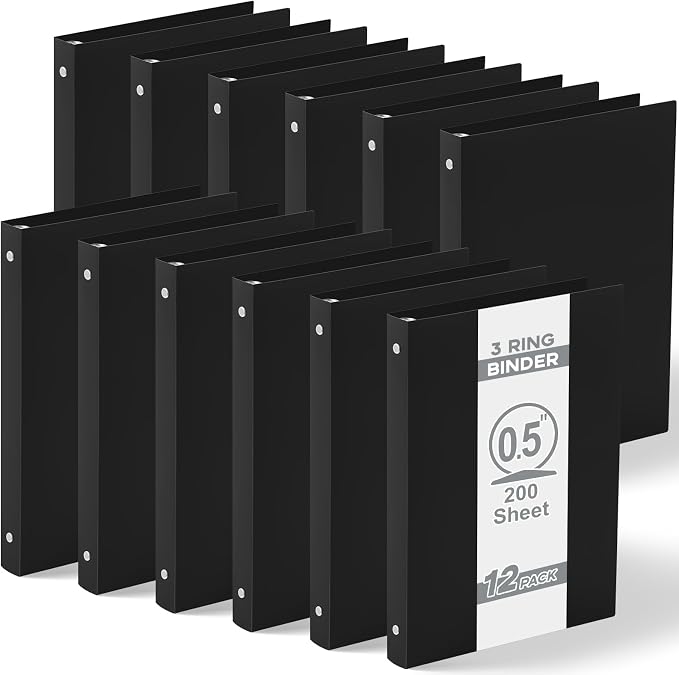 Henoyso 12 Pcs 0.5 Inch Mini 3 Ring Binders Fits 5.5" x 8.5" Paper, Holds(Capacity 140 Sheets), Plastic Flexible Three Round Rings Small Black A5 Binders Bulk for School, Office Use, Photo Album