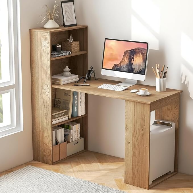 Tangkula Computer Desk with Bookshelf, Writing Study Desk with Storage Shelves & CPU Stand, Modern Compact Computer Workstation for Home & Office, Space-Saving Design(Natural) | Natural Wood Desk w/Storage Shelves & CPU Stand, Space-Saving Design Writi...