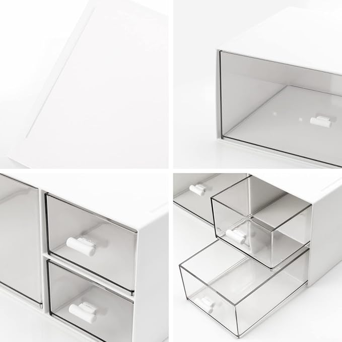Desk Organizer Stackable Storage Drawers with 3 Compartments Stackable Drawers Great for Desk Storage, Makeup Storage Bathroom Organization Accessories Etc (White)