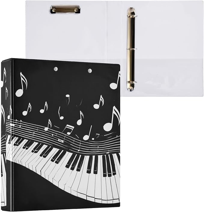 Aslsiy Kids 3 Ring Binder 1.5 Inch Piano Keys Musical Notes Girls Round Clipboard Binder Decorative Harcover Binders Organizer for Office School Supply