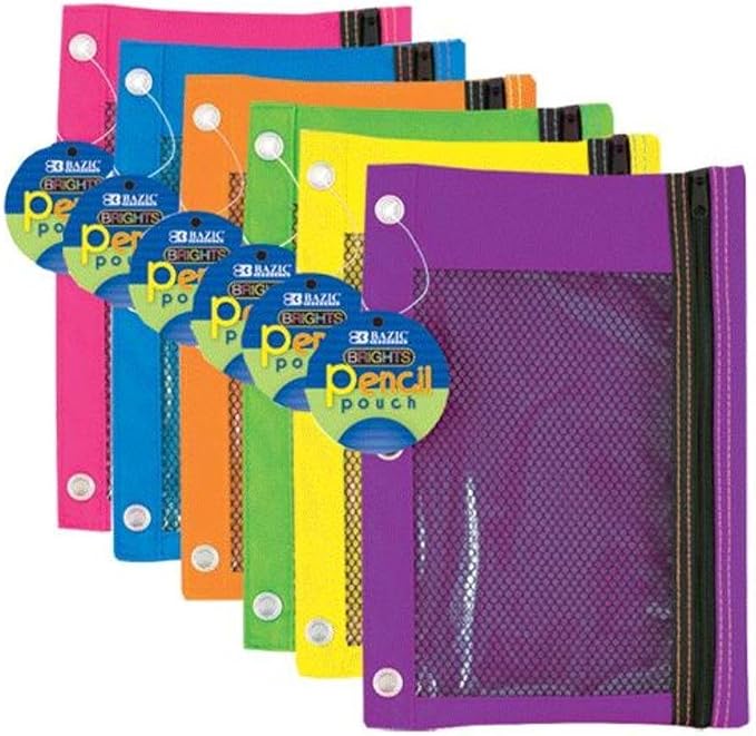 BAZIC PRODUCTS Bright Color 3-Ring Pencil Pouch with Mesh Window, 24-Box | clear mesh window and a zipper closure for pens, pencils, supplies